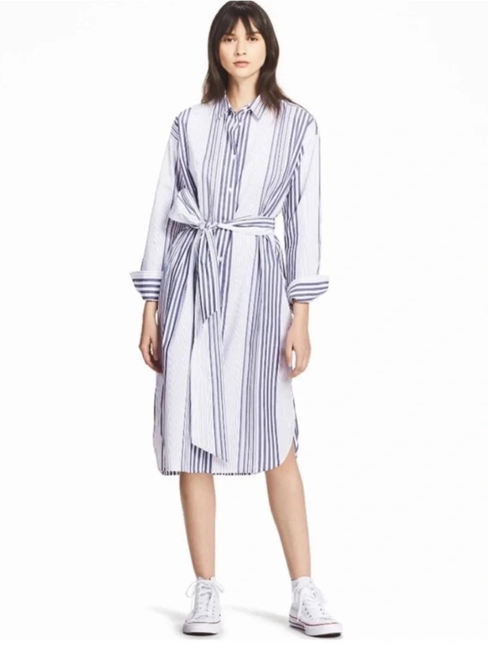 Uniqlo Striped Shirt Dress with Waist Tie - Blue/White